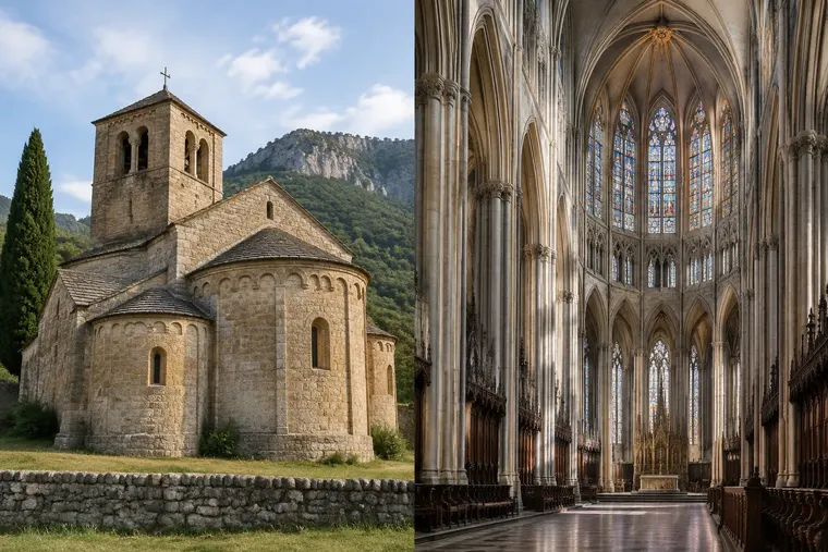 Gegenüberstellung: links Romanik, rechts Gotik