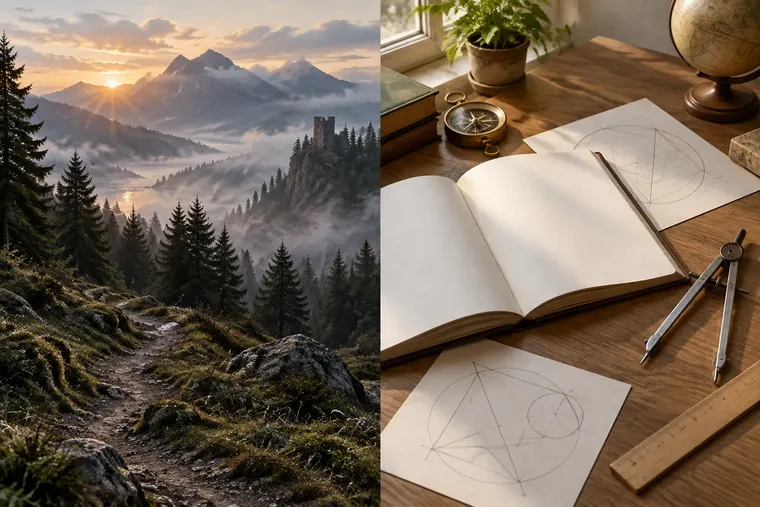 Gegenüberstellung: links Romantik, rechts Rationalismus