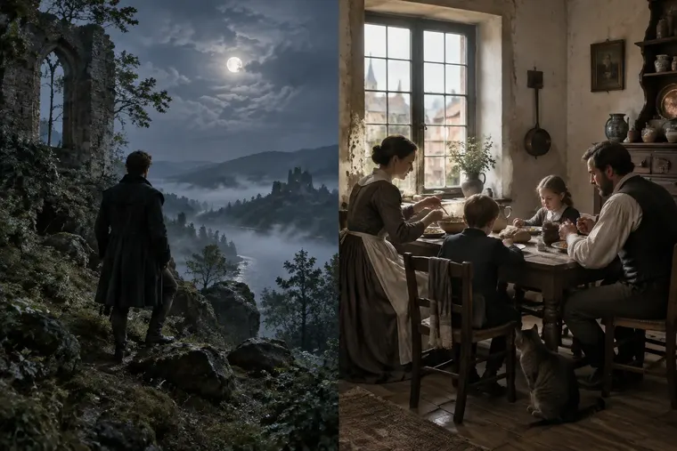 Gegenüberstellung: links Romantik, rechts Realismus