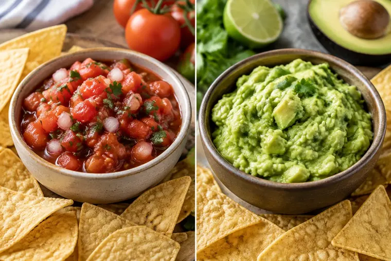 Gegenüberstellung: links Salsa, rechts Guacamole