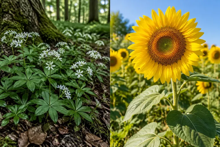 Gegenüberstellung: links Schattenpflanze, rechts Sonnenpflanze