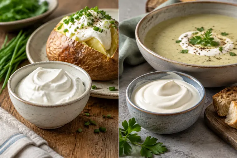 Gegenüberstellung: links Schmand, rechts Crème fraîche