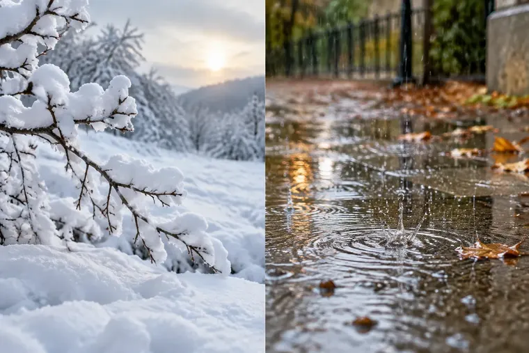 Gegenüberstellung: links Schnee, rechts Regen