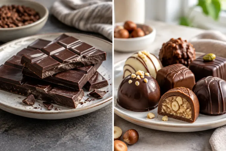 Gegenüberstellung: links Schokolade, rechts Praline