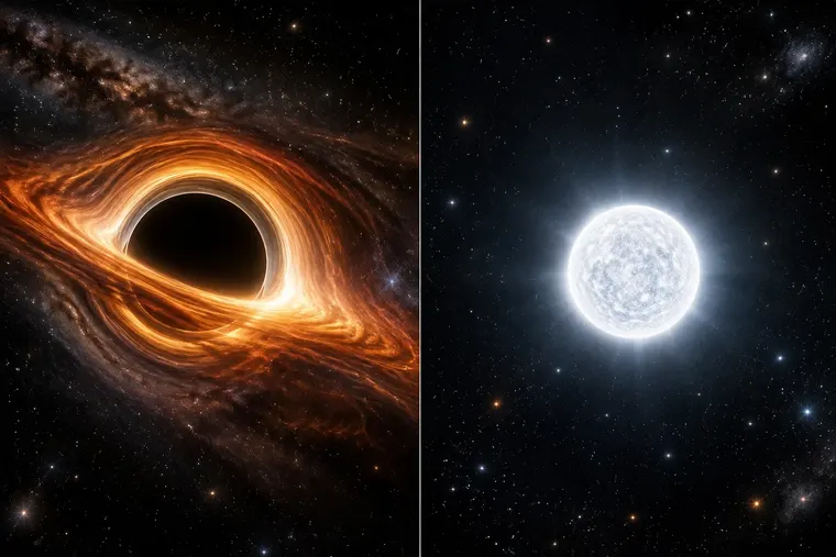 Gegenüberstellung: links schwarzes Loch, rechts weißer Zwerg