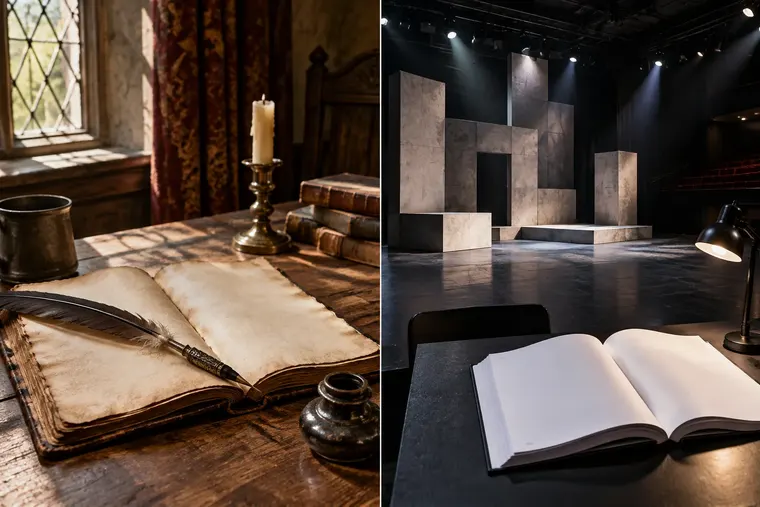 Gegenüberstellung: links Shakespeare-Drama, rechts modernes Theaterstück