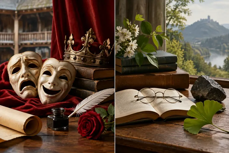 Gegenüberstellung: links Shakespeare, rechts Goethe