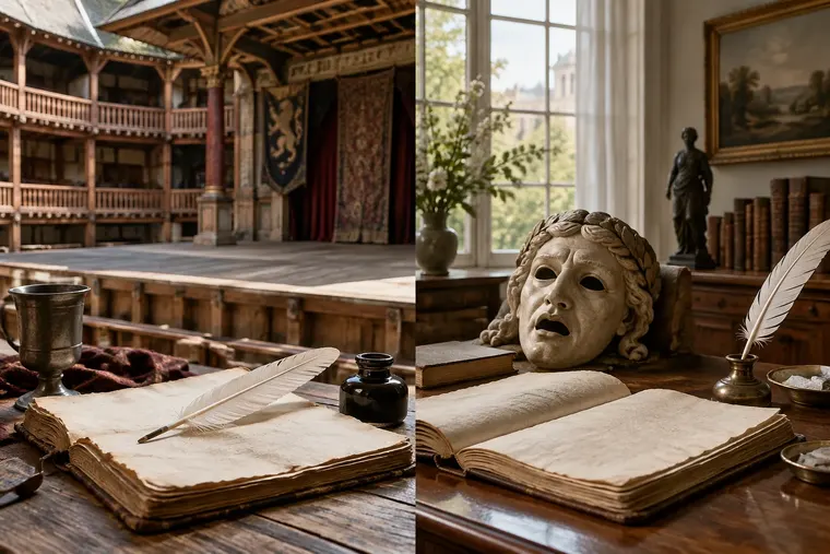 Gegenüberstellung: links Shakespeares Dramen, rechts Goethes Dramen