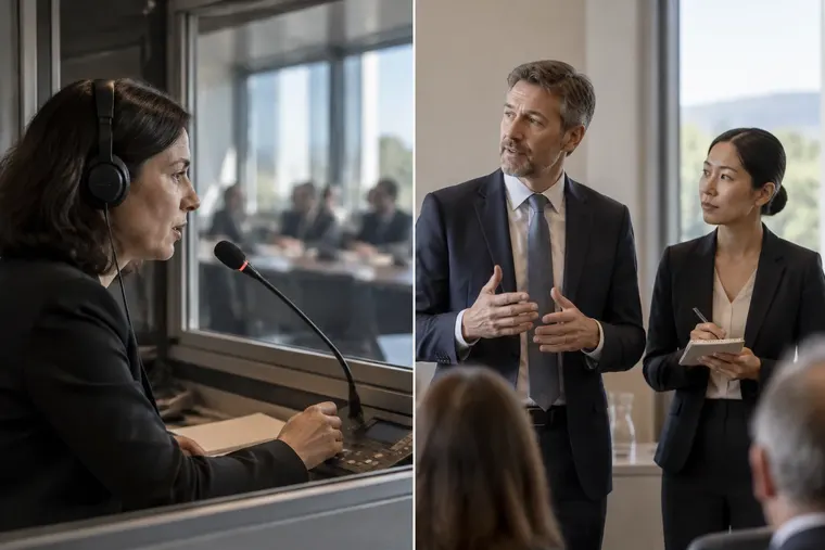 Gegenüberstellung: links Simultanübersetzung, rechts Konsekutivübersetzung
