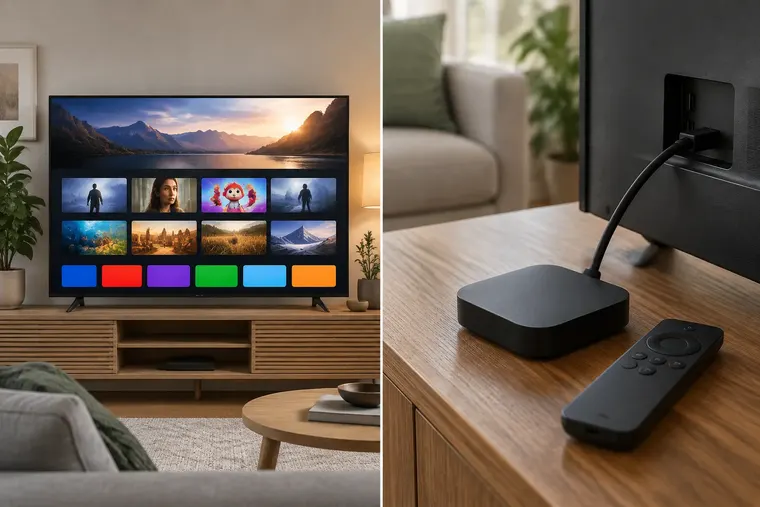 Gegenüberstellung: links Smart-TV, rechts Streaming-Box