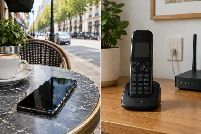 Gegenüberstellung: links Smartphone, rechts Festnetztelefon