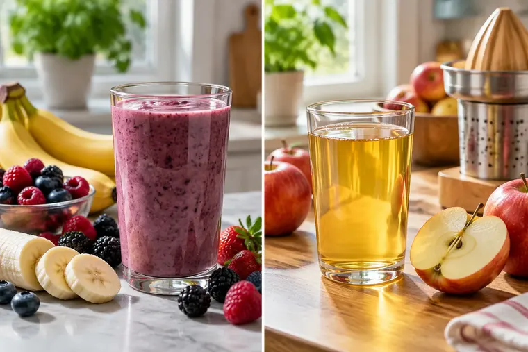 Gegenüberstellung: links Smoothie, rechts Fruchtsaft