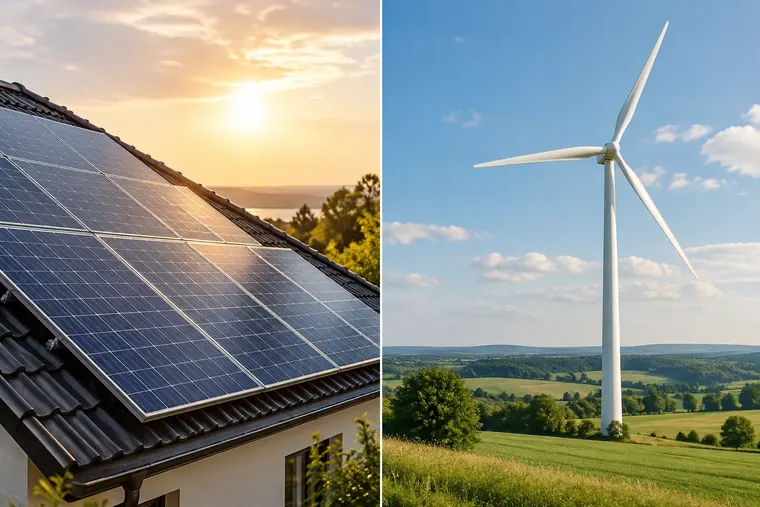 Gegenüberstellung: links Solaranlage, rechts Windkraftanlage