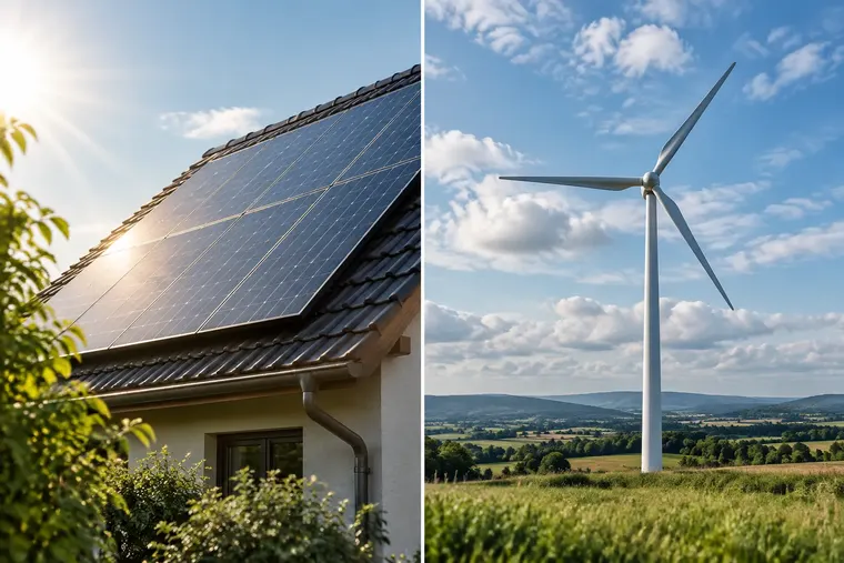 Gegenüberstellung: links Solarenergie, rechts Windenergie