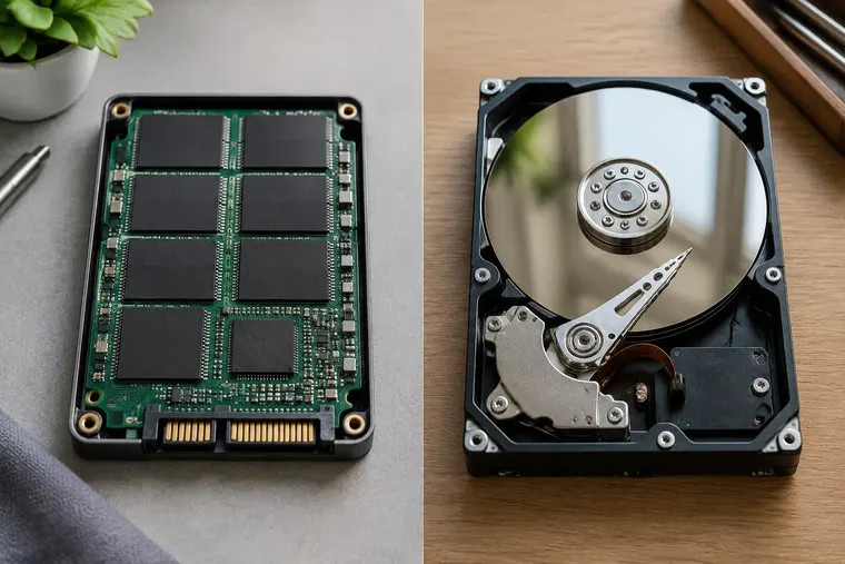 Gegenüberstellung: links Solid State Drive (SSD), rechts Hard Disk Drive (HDD)