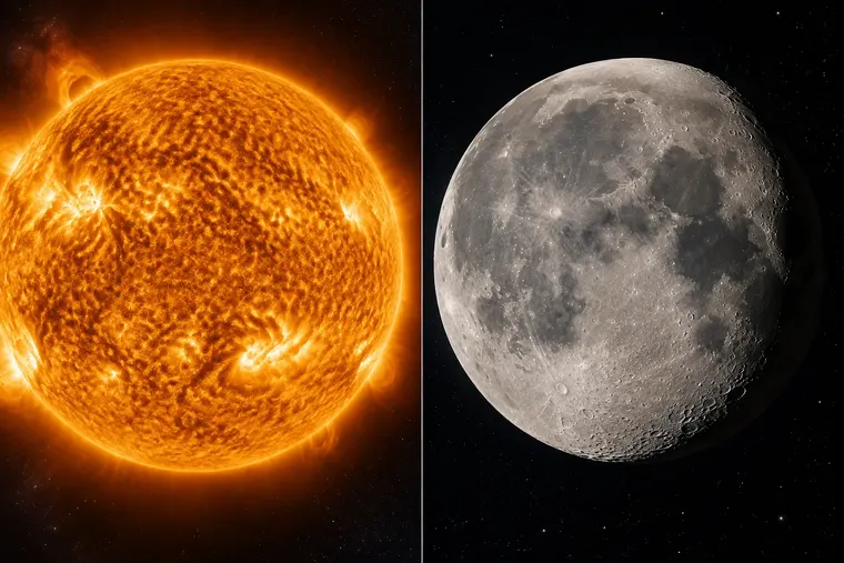 Gegenüberstellung: links Sonne, rechts Mond