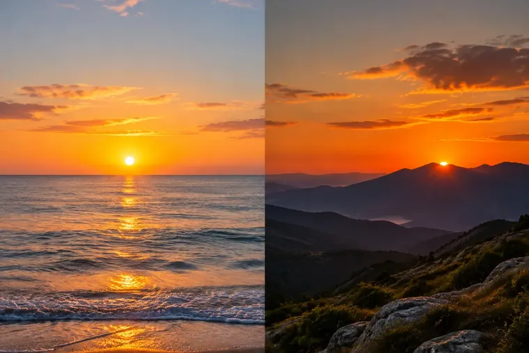 Gegenüberstellung: links Sonnenaufgang, rechts Sonnenuntergang