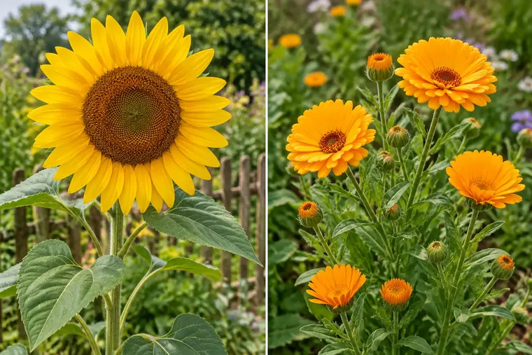 Gegenüberstellung: links Sonnenblume, rechts Ringelblume