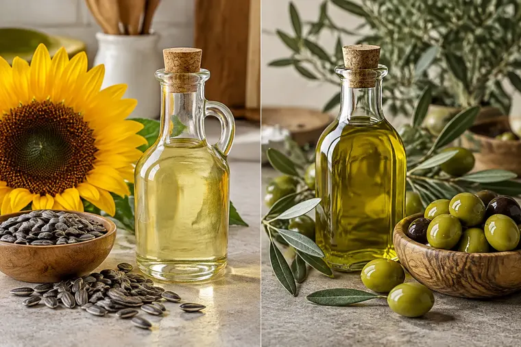 Gegenüberstellung: links Sonnenblumenöl, rechts Olivenöl
