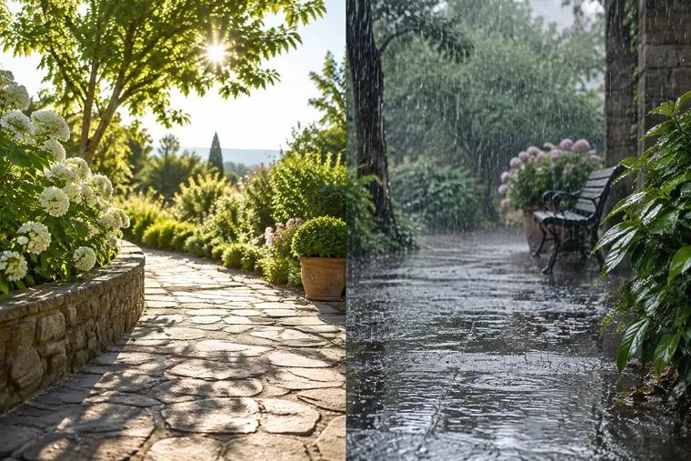 Gegenüberstellung: links Sonnenschein, rechts Regen