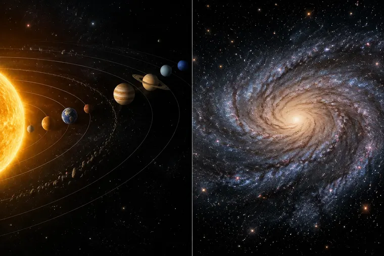 Gegenüberstellung: links Sonnensystem, rechts Galaxie