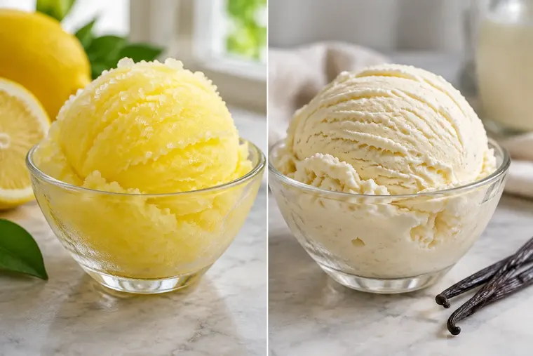 Gegenüberstellung: links Sorbet, rechts Eiscreme