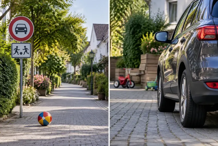 Gegenüberstellung: links Spielstraße, rechts verkehrsberuhigte Straße