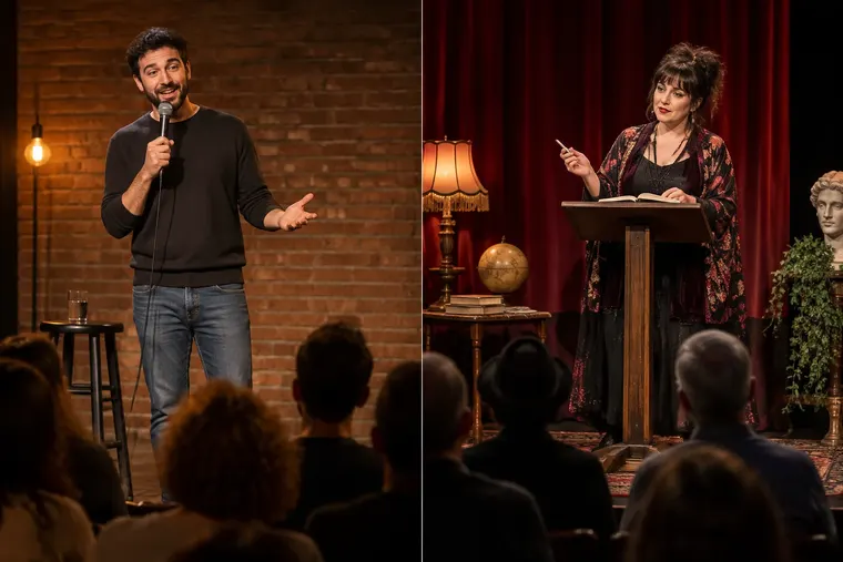 Gegenüberstellung: links Stand-up-Comedy, rechts Kabarett