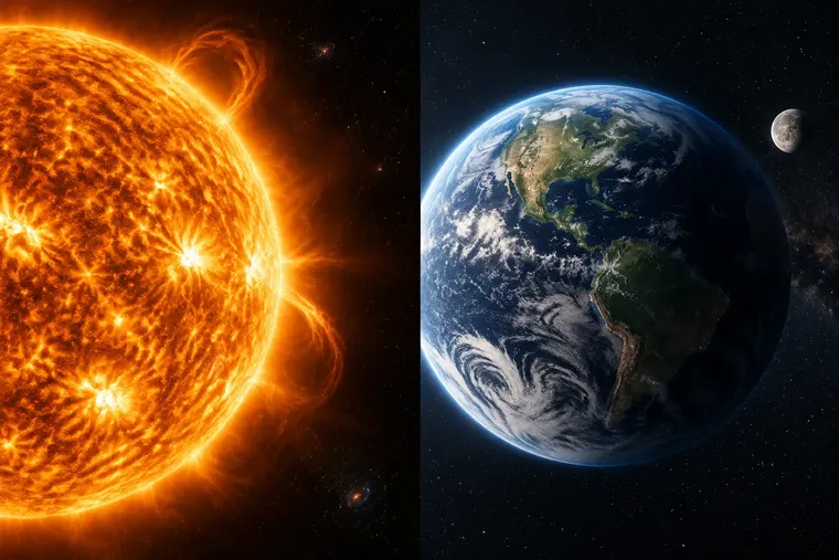 Gegenüberstellung: links Stern, rechts Planet