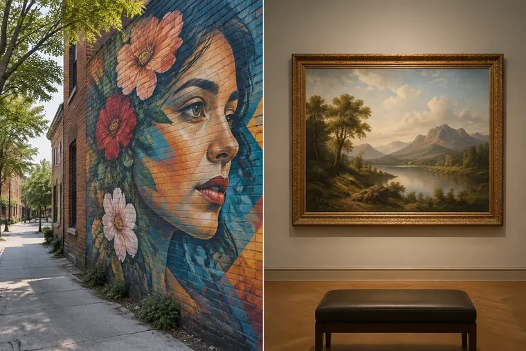 Gegenüberstellung: links Street Art, rechts klassische Malerei