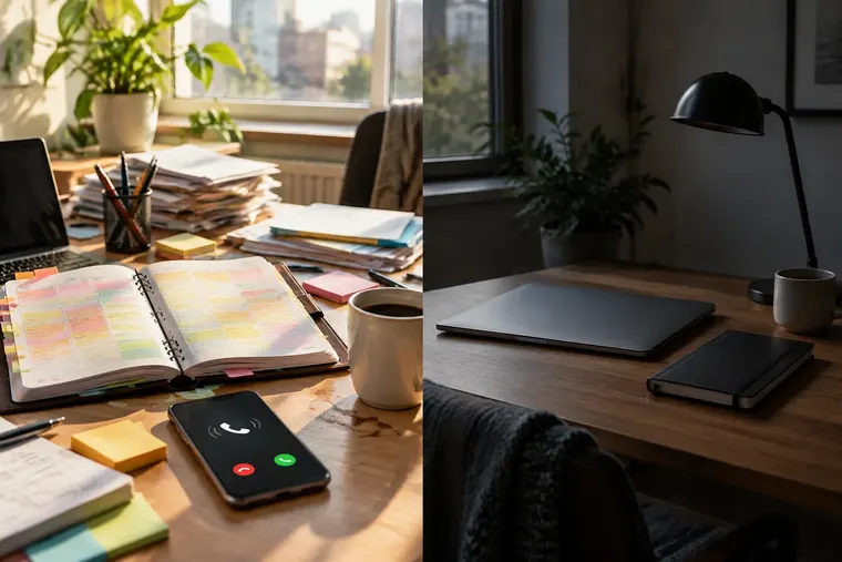 Gegenüberstellung: links Stress, rechts Burnout