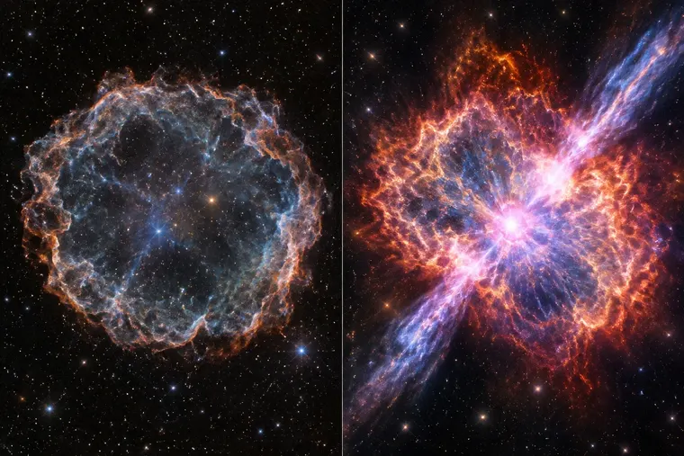 Gegenüberstellung: links Supernova, rechts Hypernova