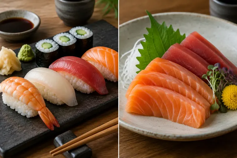 Gegenüberstellung: links Sushi, rechts Sashimi