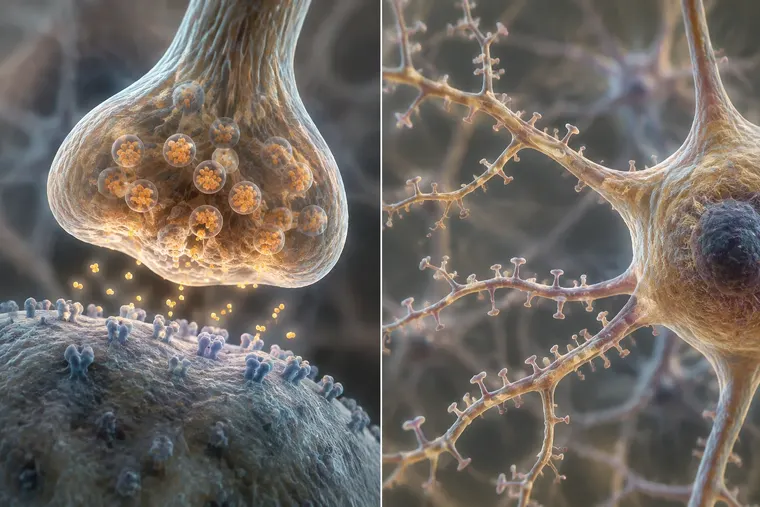 Gegenüberstellung: links Synapse, rechts Dendrit