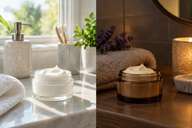 Gegenüberstellung: links Tagescreme, rechts Nachtcreme