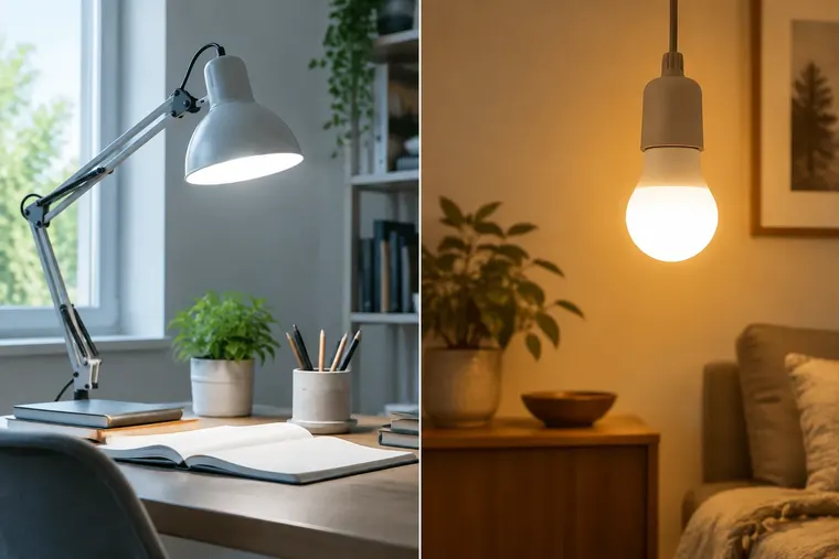 Gegenüberstellung: links Tageslichtlampe, rechts LED-Lampe