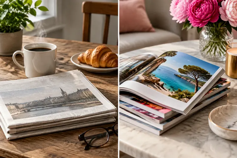 Gegenüberstellung: links Tageszeitung, rechts Magazin