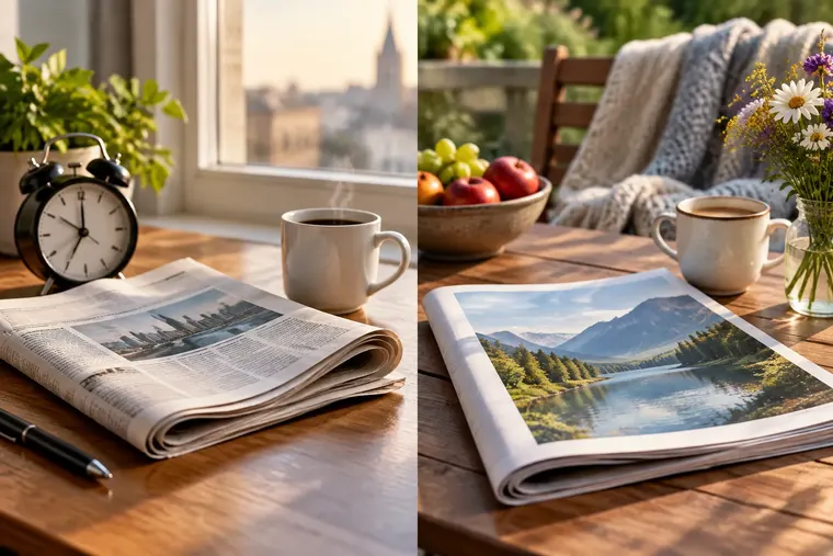 Gegenüberstellung: links Tageszeitung, rechts Wochenzeitung