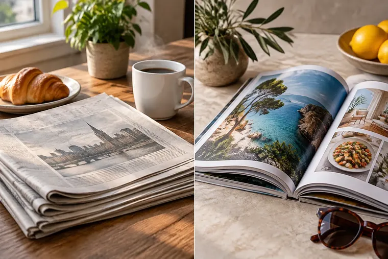 Gegenüberstellung: links Tageszeitung, rechts Zeitschrift