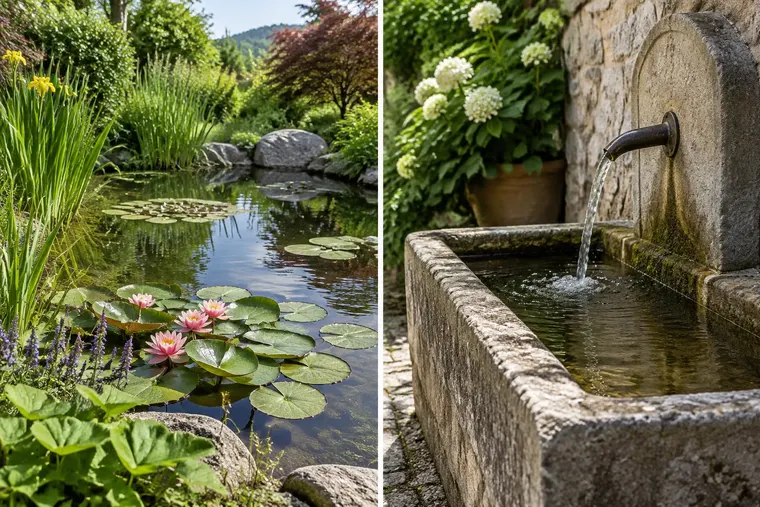 Gegenüberstellung: links Teich, rechts Brunnen