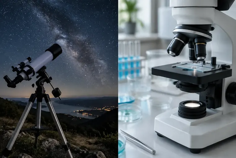 Gegenüberstellung: links Teleskop, rechts Mikroskop