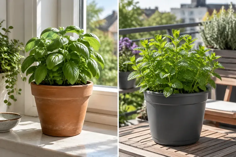 Gegenüberstellung: links Terrakottatopf, rechts Kunststofftopf