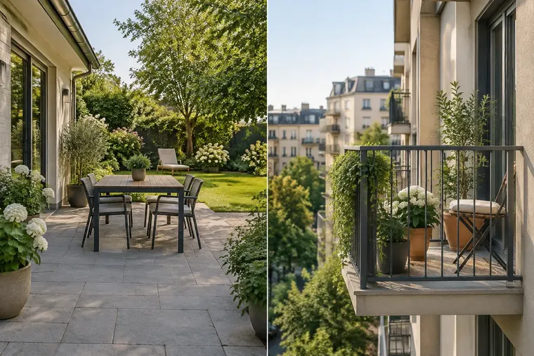 Gegenüberstellung: links Terrasse, rechts Balkon
