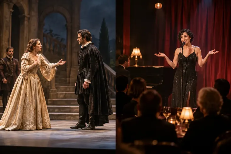 Gegenüberstellung: links Theater, rechts Kabarett