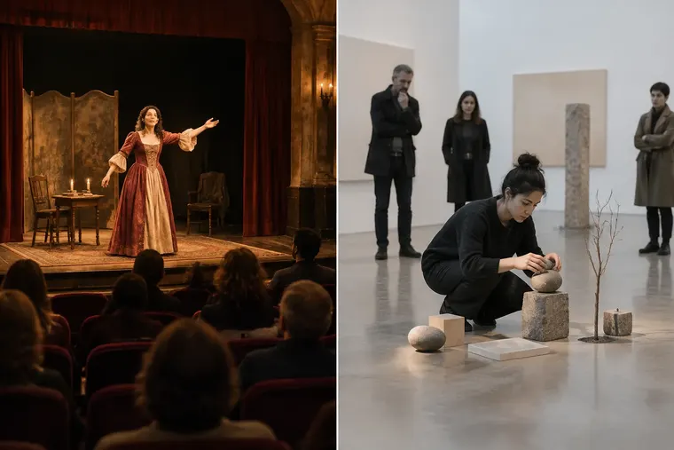 Gegenüberstellung: links Theater, rechts Performance-Kunst