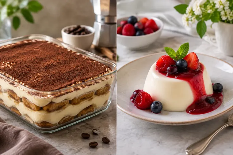 Gegenüberstellung: links Tiramisu, rechts Panna Cotta