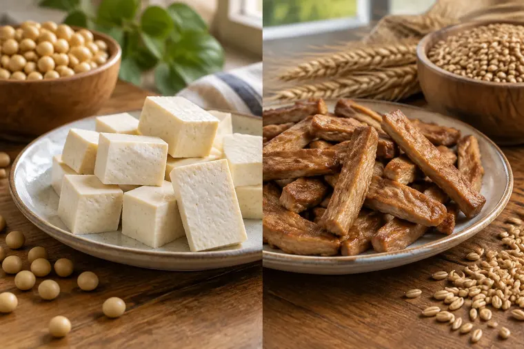 Gegenüberstellung: links Tofu, rechts Seitan