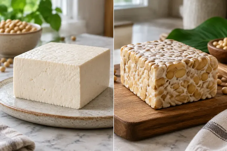 Gegenüberstellung: links Tofu, rechts Tempeh