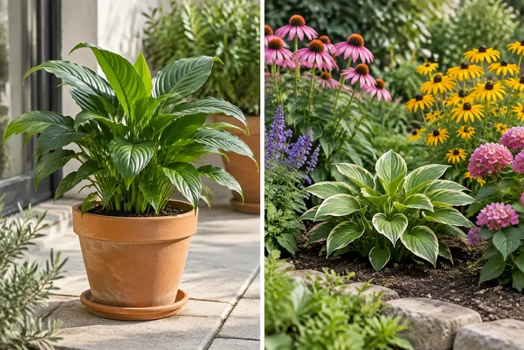 Gegenüberstellung: links Topfpflanze, rechts Gartenpflanze