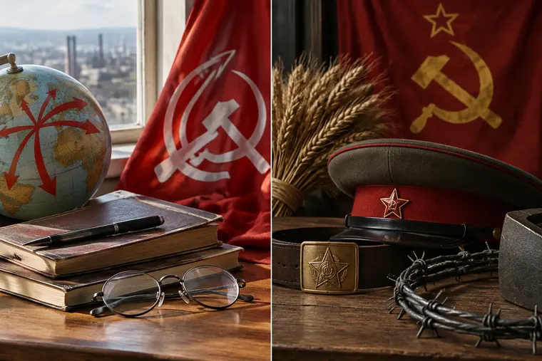 Gegenüberstellung: links Trotzkismus, rechts Stalinismus